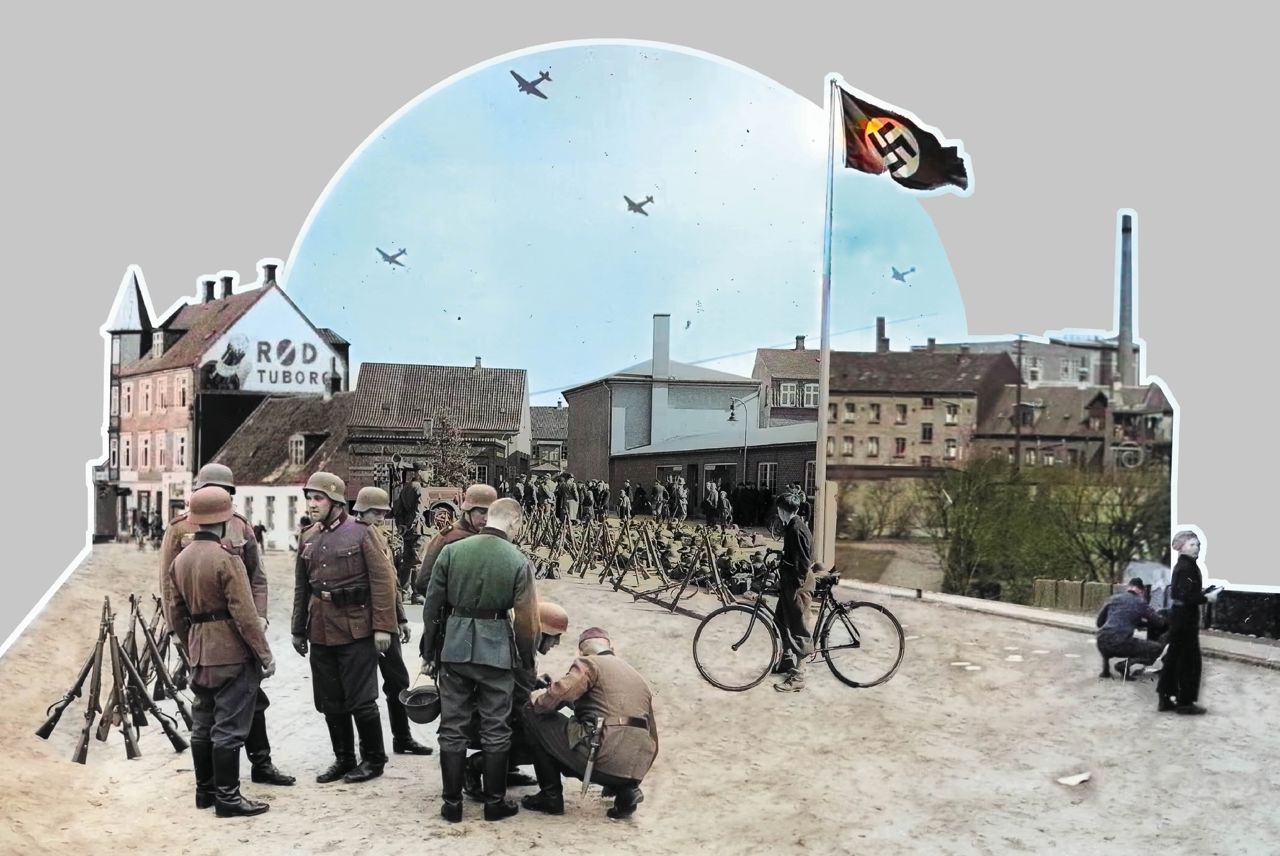 Kollage af farvelagte arkivfotos. Tyske soldater i Vejle