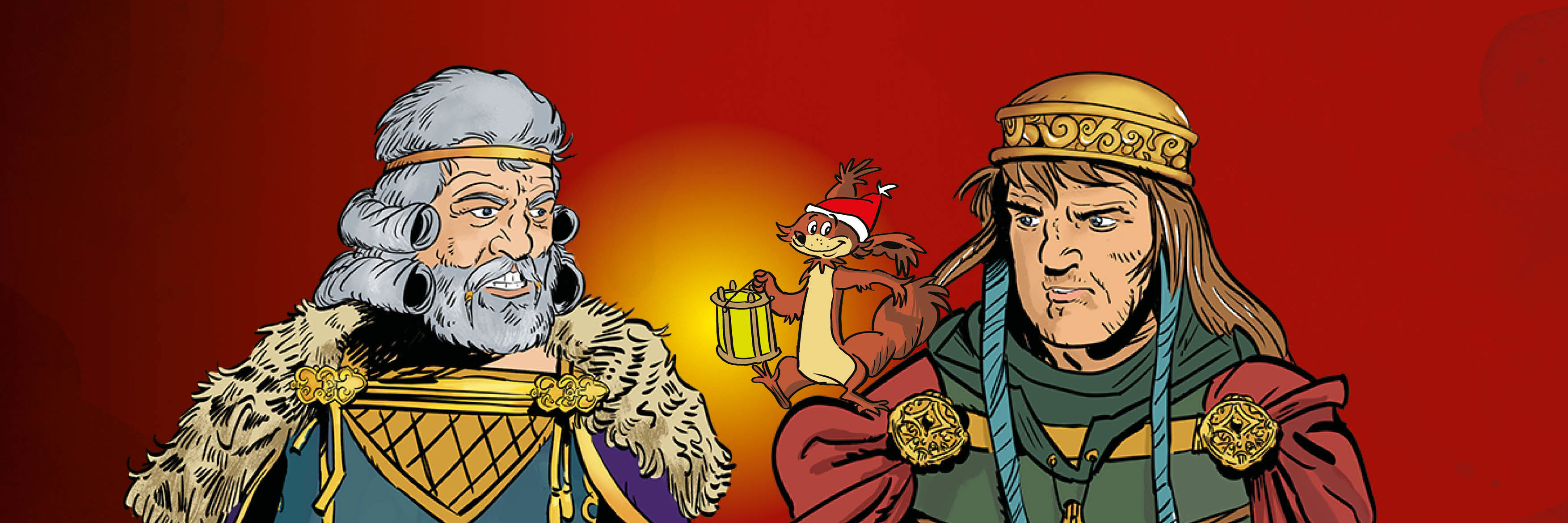 Tegning af to konger og egernet Ratatosk med nissehue